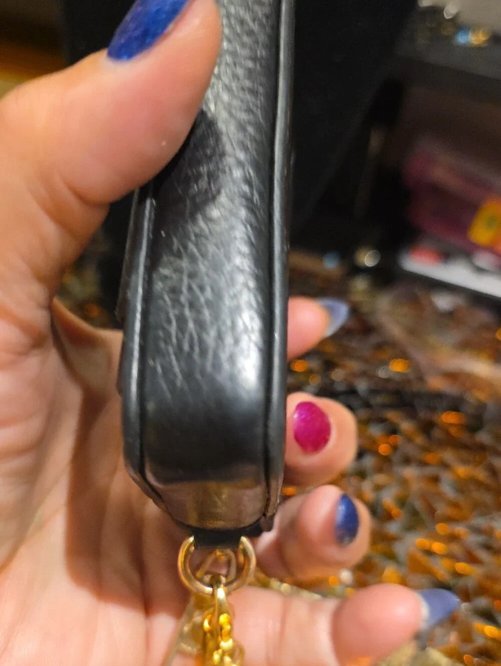 Coach Black Pebbled Leather Mini Wallet with Gold Chain